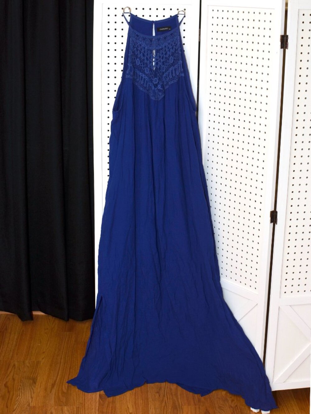 Plus Size XXL Faroro Royal Blue Halter Maxi Dress Crochet Lace Neckline